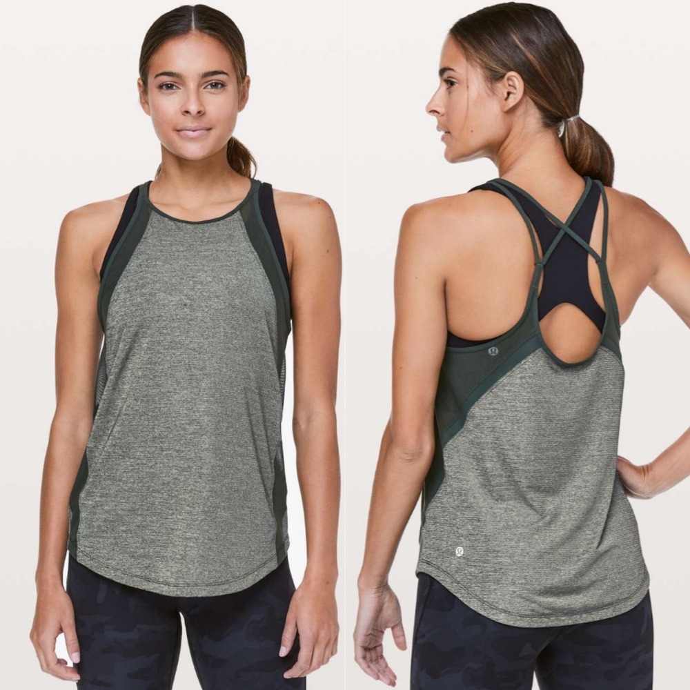 Lululemon Run Off Route Mesh Workout Tank Top Heathered Camo Green 8